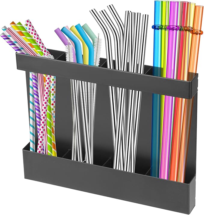 Magnetic Straw Organizer for Cabinet Door – Carbon Steel Straw Holder with Drain Holes, 4-Compartment Utensil Storage Rack for Reusable Straws, Spoons, and Coffee Bar Accessories