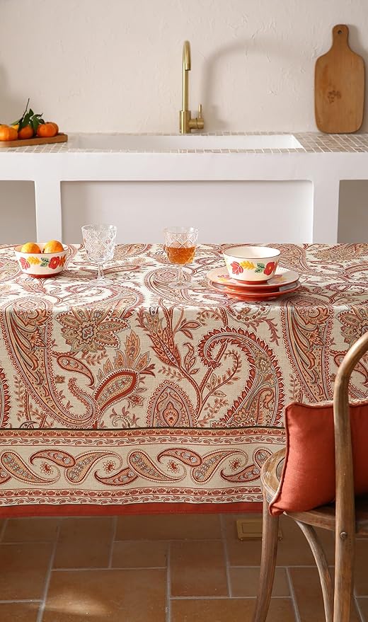 French Tablecloth for Rectangular Tables,Linen Table Cloth with Cashew Pattern,Heavy Durable Table Cover for Dining Thanksgiving Kitchen Decor Party Banquet Christmas,55"*79"
