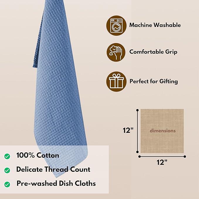 Native Fab 18 Pack Waffle Dish Cloths - Soft Cotton, Absorbent, Quick Drying, Washable Towels for Cleaning, Cooking, Baking - Ideal for Home, Restaurants, Hotels, Cafes, 12x12 inch - Sky Blue