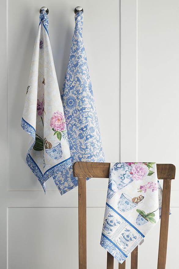 Maison d' Hermine Kitchen Towels Set of 3 100% Cotton 27.50" x 20" Reusable Cloth Tea Dish Towels Absorbent with Hanging Loop for Kitchen, Home, Dining, Cocktail Parties Spring/Summer (Canton)