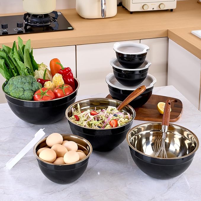 Black Mixing Bowls with Lids Set of 7, Stainless Steel Nesting Bowl with Khaki Lid for Non-slip Mixing Prepping Storing Serving, 7 Sizes-7/3.6/2.7/2.1/1.5/1/0.8 QT