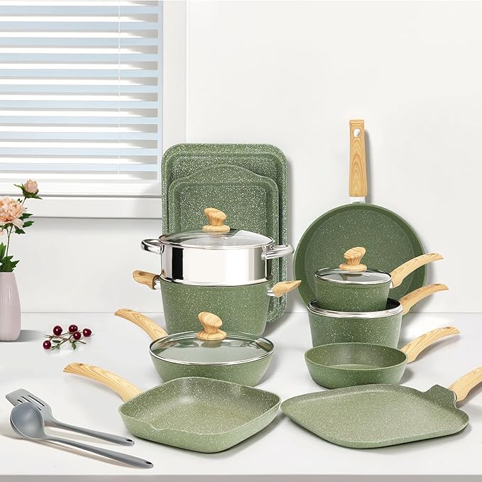 17 Piece Pots and Pans Set Non Stick, Nonstick Induction Granite Kitchen Cookware Sets, Induction Cookware Frying Pans, Nonstick Granite Cooking Set, Pan Sets for Cooking, Green