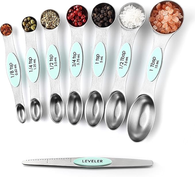 Spring Chef Stainless Steel Magnetic Measuring Spoons Set of 8 with Leveler, Nesting Metal Teaspoon & Tablespoon Measuring Spoons, Kitchen Gadgets for Baking & Cooking, Fits in Spice Jars - Mint