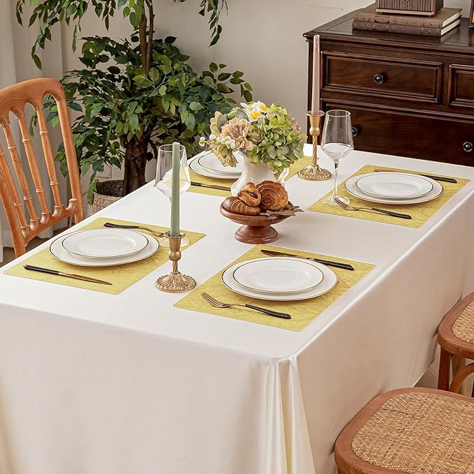 Romanstile Vinyl Placemats Set of 8-12 X 18 Inch - Heat Resistant Non-Slip Embossed Floral Place Mats 100% Waterproof Oilproof Wipeable Faux Leather Table Mats for Kitchen/Dining/Party, Yellow
