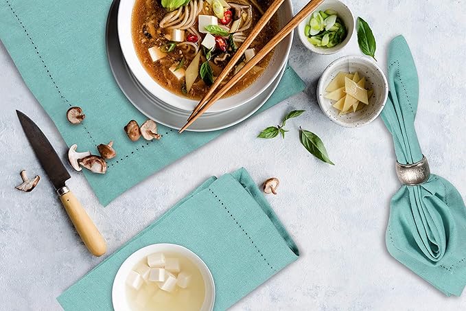 Bedding Craft Cotton Cloth Dinner Napkins Set of 12 – 18x18 Aqua with Hemstitched Mitered Corners – Reusable Machine Washable Napkins for Weddings, Parties & Table Decorations