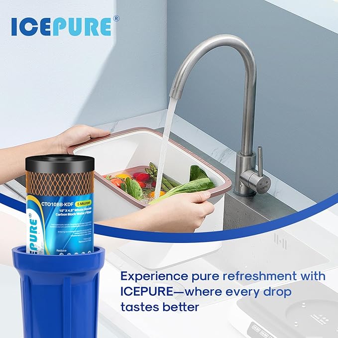 ICEPURE 5 Micron 4.5" x 10" CTO10BB-KDF Whole House Water Filter Coconut Shell Activated Carbon and KDF Heavy Metal Removal Water Filter Replacement for Home, 2PACK