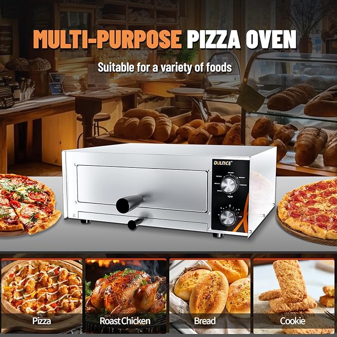 Electric Pizza Oven, 12" Countertop Pizza Oven Indoor with 30 Minute Timer, Stainless Steel Pizza Oven with Handle, Removable Pizza Tray, Commercial Pizza Maker for Restaurant, Home Party