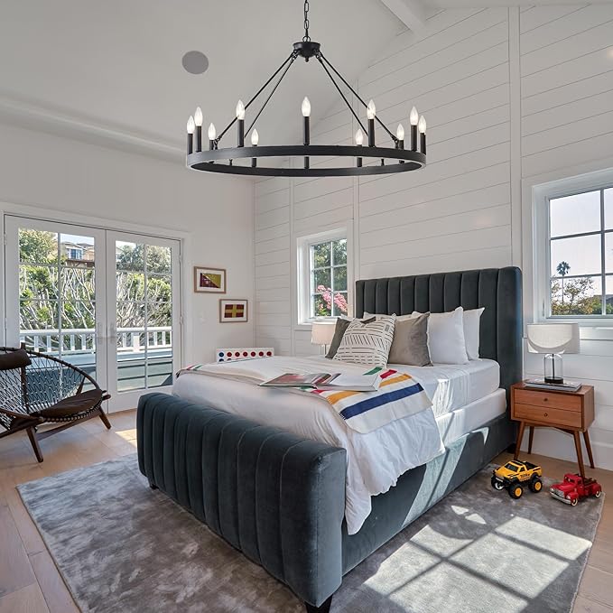 40 Inch Black Farmhouse Wagon Wheel Chandelier,12-Light Round Industrial Pendant Light fixtures for Outdoor Porch high Ceilings Living Dining Room Foyer Entryway