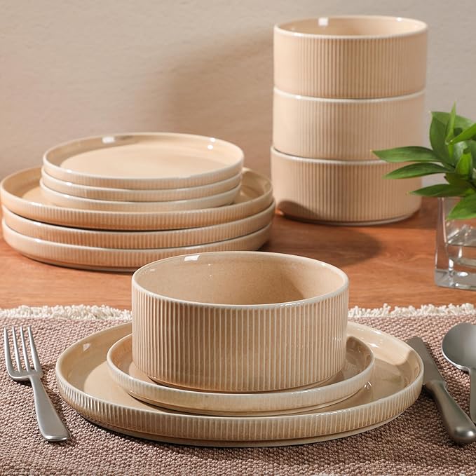 Gibson Elite Solana Coast 12 Piece Stoneware Reactive Glaze (Service for 4) Ceramic Plates and Bowls Modern Shape Embossed Dinnerware Set - Terracotta Orange
