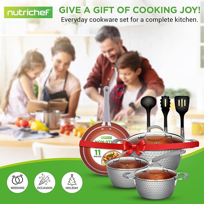 NutriChef 11 Pc Nonstick Cookware - PTFE/PFOA/PFOS Free Kitchenware Pots & Pans Set with Saucepan, Frying Pans, Cooking Pots, Lids, Utensils, Gray