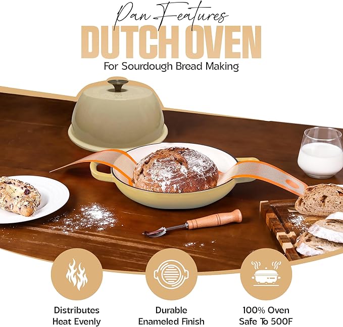 Enameled Cast Iron Dutch Oven Pot with Lid - Dutch Oven for Sourdough Bread Baking - With 5 Blade Bread Lame & Non-Stick Silicone Sling perfect for Sourdough Breads & more. Cast Iton Enamel Braiser Pan with Lid (WHITE, 6 Quart Sourdough Pot)
