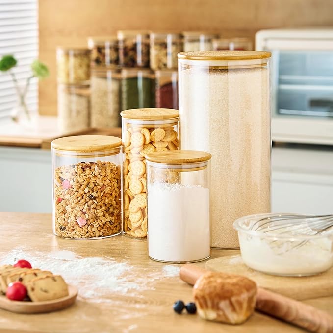 32oz - 4 Pack Glass Jars with Bamboo Lids, Glass Pantry Storage Containers with Airtight Lids, Round Air Tigh Food Storage Canisters for Cereal, Pasta, Flour, Sugar, Rice, Best for Kitchen Organizer