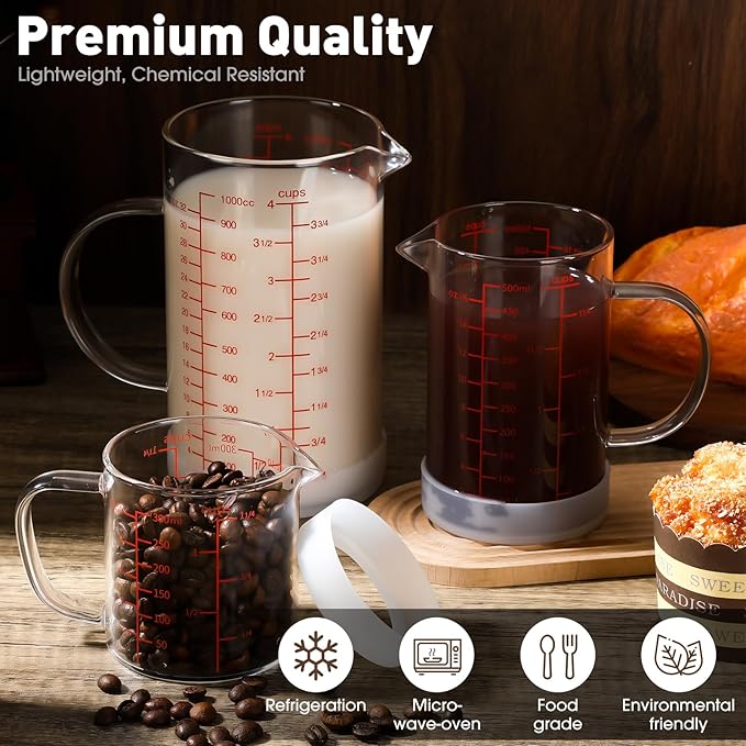 Lallisa 3 Sets Glass Measuring Cups with Handle 1 1/4 Cup, 2 Cup, 4 Cup High Borosilicate Glass Measuring Beaker, V Shaped Spout, 3 Scales (OZ, Cup, ML/CC) for Kitchen Restaurant