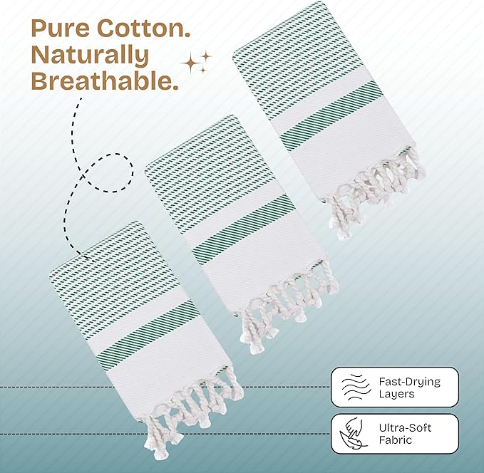 Turquiose Green Turkish Kitchen Towels 16"x26", 3 Pack, 100% Cotton, Ultra Absorbent, Soft, Fast Dry, Machine Washable, Dish Towel with Tassels for Drying Dishes, Cleaning, Wiping
