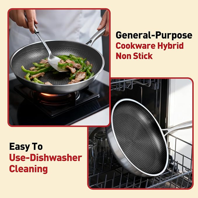 12 Inch Hybrid Non Stick Frying Pans with Lid, Nonstick 12-Inch Frying Pan, 3-Ply Stainless Steel Frying Pan, Stay-Cool Handle, Oven & Dishwasher Safe, Induction Compatible All Cooktop