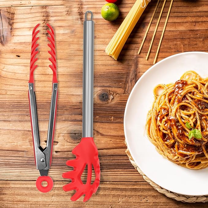 2 Pieces Spaghetti Spoon and Pasta Tong,Non-stick 13 Inch Silicone Spaghetti Fork and 9.8 Inch Stainless Steel Handle Spaghetti Tong Food Clip for Spaghetti Noodle (Red)