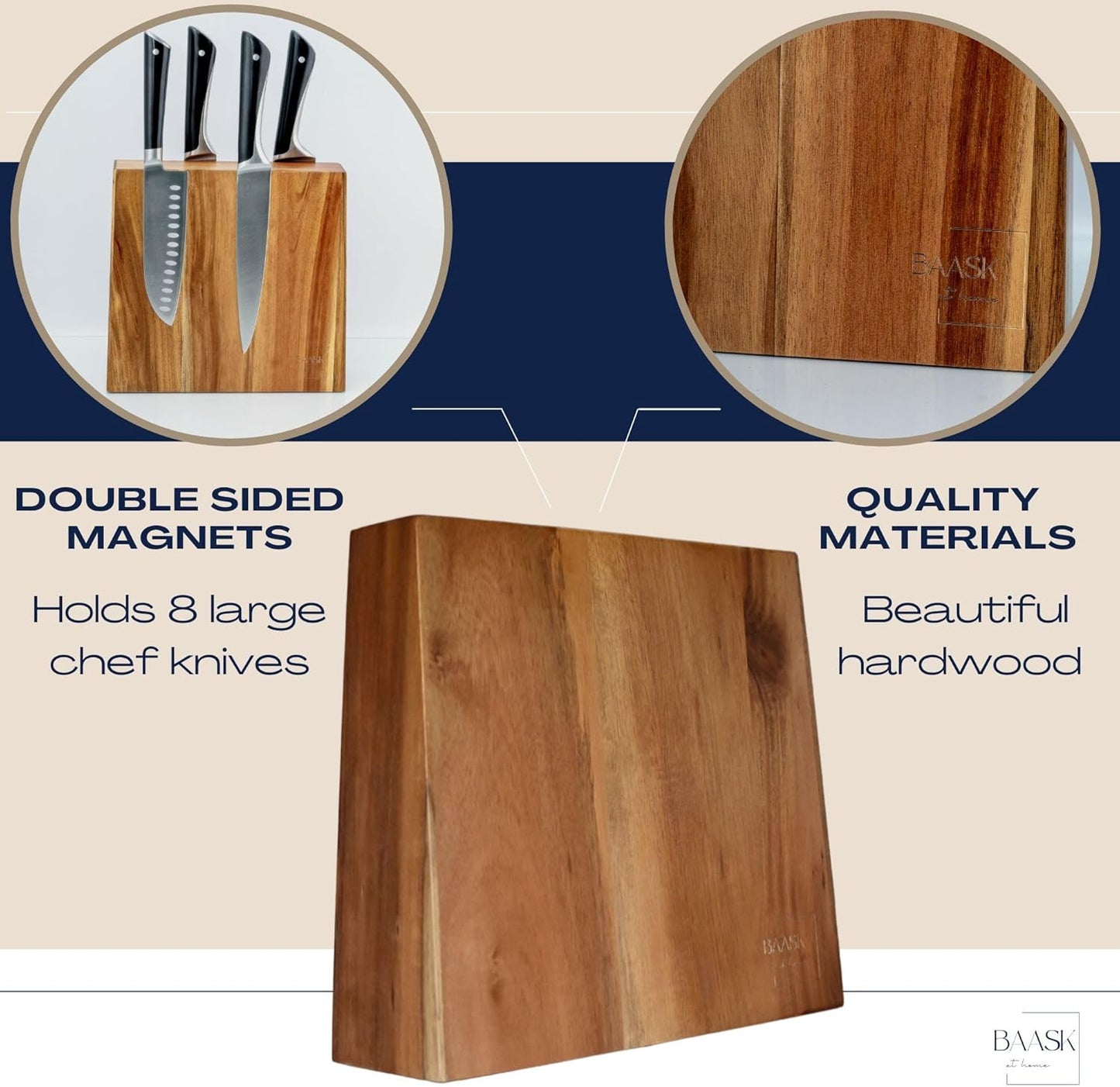 Magnetic Knife Holder, Acacia Wood Double-Sided Magnetic Knife Block - Knife Stand - Strong Magnets - Universal Size - Minimalist Modern Style by BAASK