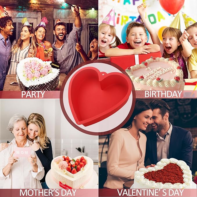 MILIVIXAY 2PCS Heart Shaped Cake Pans, 10 Inch Cake Mold, Red, Thick Style, Completely Non Stick, Food Grade Silicone, Easy To Store and Wash, Microwave, Freezer and Oven Safe.
