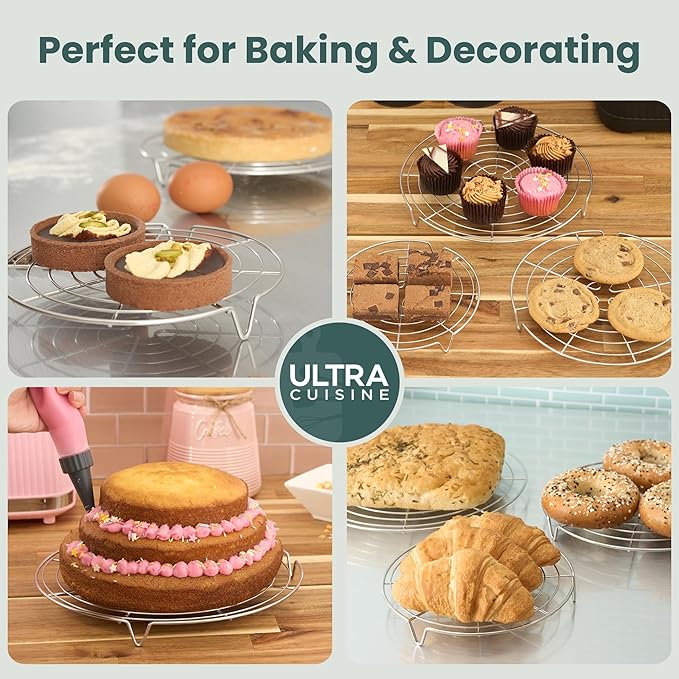 Ultra Cuisine 3 Set Round Cooling Racks for Cooking and Baking – Oven & Dishwasher-Safe, 100% Stainless Steel Steaming and Baking Rack - Fits Air Fryer, Pressure Cooker & Cake Pan (7.5, 9 & 10.5 Inch)