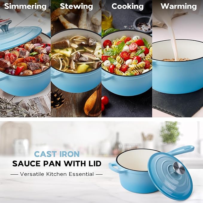 Onader 2 Quart Enameled Cast Iron Saucepan, Small Cast Iron Sauce Pan Pot for Cooking, Enamel Dutch Oven Kitchen Pot – Lake Blue