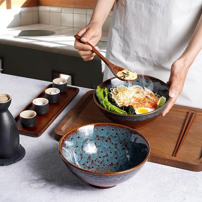 NUTRIUPS 8 Inch Ceramic Ramen Bowl Set of 2 Pho Bowls Japanese Noodle Udon Soup Bowls with Spoons and Chopsticks (Peacock Tail)
