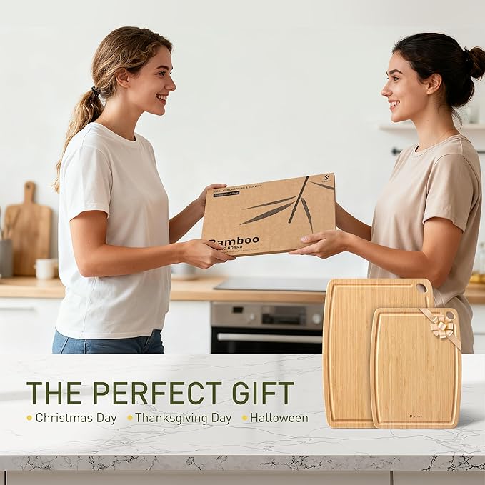 Lightweight Durable Bamboo Cutting Board Set with Non-Slip Feet, Wooden Cutting Boards for Busy Kitchen, Easy Storage & Clean Wooden Chopping Boards with Juice Groove Set of 2 (M+L)