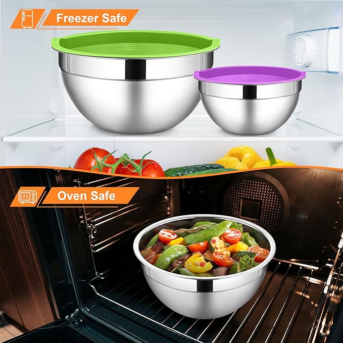LIANYU Mixing Bowls with Lids Set of 6, Large 7 & 3.5 & 2.5 & 2 & 1.5 & 1QT Stainless Steel Serving Bowls, Kitchen Metal Nesting Bowl for Cooking, Food Storage, Dishwasher & Freezer Safe, Multi-Color