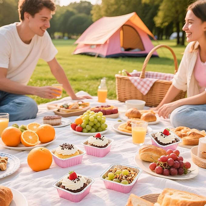 60 Pack Mini Cake Pans with Lids Mini Aluminum Pans, Disposable Loaf Pans Cupcake Liners with Lids for Pudding, Souffle, Party, Wedding(Pink, 5 oz)