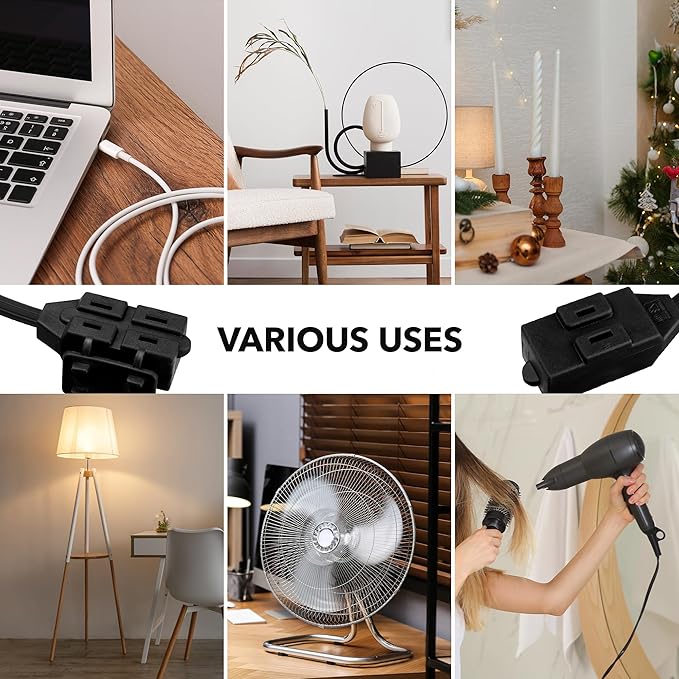 HBN Extension Cord, 3-Pack 6FT Black, 2 Prong Indoor Extension Cord 16/2 SPT-2, 13A, 1625 W, 3-Outlet Extension Cords for Home/Office Use