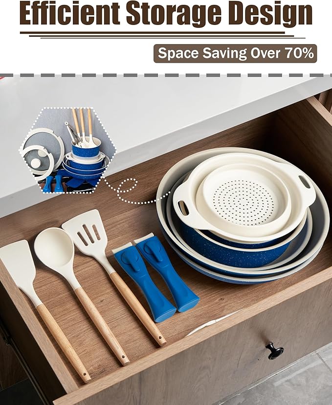 27Pcs Ceramic Cookware Set with Removable Handles – Induction/Oven Safe Pots and Pans Set Nonstick, Eco-Friendly Kitchen Essentials for Healthy Cooking, Blue