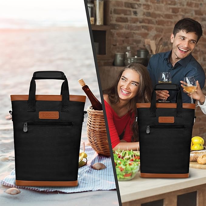 opux Two Bottle Wine Bag Carrier Tote, Insulated Leakproof 2 Bottle Wine Cooler Bag for Travel BYOB Picnic, Portable Wine Case, Gift for Men Women Wine Lover Birthday Party Christmas, Black