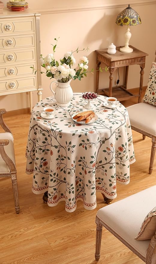 French Tablecloth for Round Tables,Linen Table Cloth with Colorful Flowers and Leaves Pattern,Heavy Durable Table Cover for Dining Thanksgiving Kitchen Decor Party Christmas,Diameter 55"