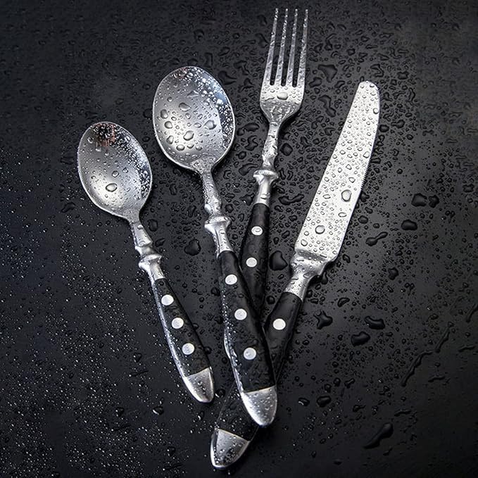 IKXO 16 Pieces Black Gum Wood Handle Silverware Set for 4, Exquisite Ergonomic Flatware Set Food-Grade Stainless Steel Cutlery Set, Tableware Eating Utensils, Mirror Finished, Dishwasher Safe…