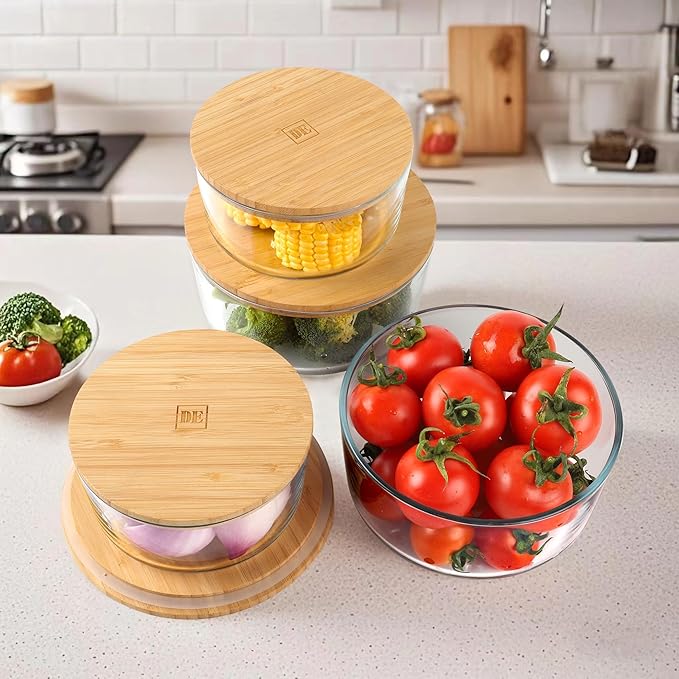 DE Glass Food Storage Containers with Bamboo Lids – 4 Pack Round (2x33oz + 2x60oz) – BPA-Free Borosilicate Glass Meal Prep Containers – Plastic-Free, Oven, Microwave, Freezer Safe