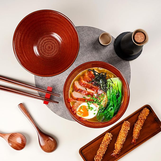 NUTRIUPS Ceramic Ramen Bowl Set of 2 Noodles Bowl with Chopsticks and Spoons, 50oz Large Ramen Bowl- Rusty Red Brown