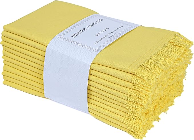 Bedding Craft Cotton Cloth Dinner Napkins Set of 12 – 18x18 Yellow with Decorative Lace Selvedge – Machine Washable Fabric Napkins for Weddings, Baby Showers, Parties & Everyday Dining