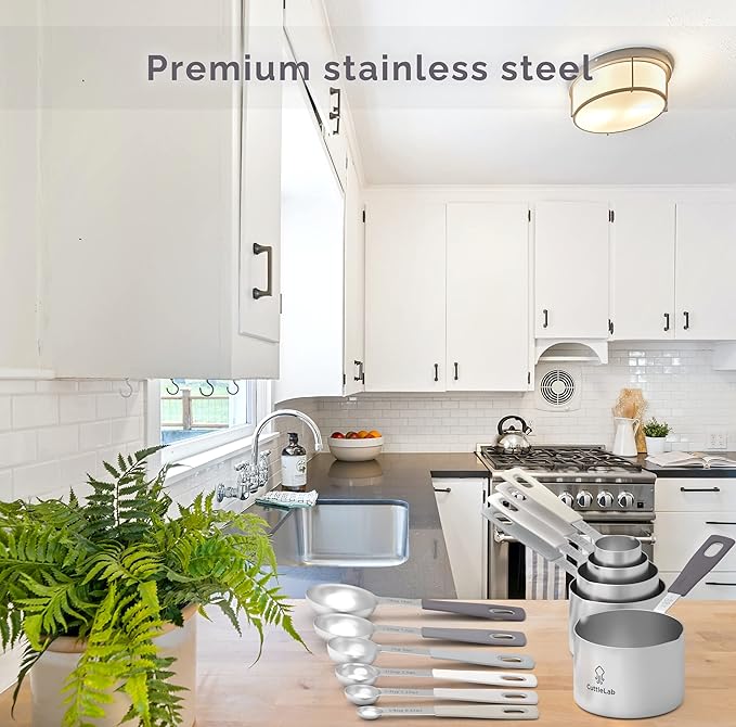 Measuring Cups and Measuring Spoons Set of 14 - Stainless Steel Measuring Cups and Spoons Set, Includes 1/8 Teaspoon Measuring Spoon, 1/8 Cup Measuring Cup, Leveler Dry (14, Charcoal)