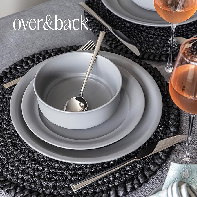 over&back Rim Dinnerware Set - Stoneware Dishes - Comes with 4 Dinner Plates, Salad Plates, Cereal Bowls, and Dinner Bowls - 16-Piece All-Occasion Place Settings - Serves Four - Semi-Matte Charcoal