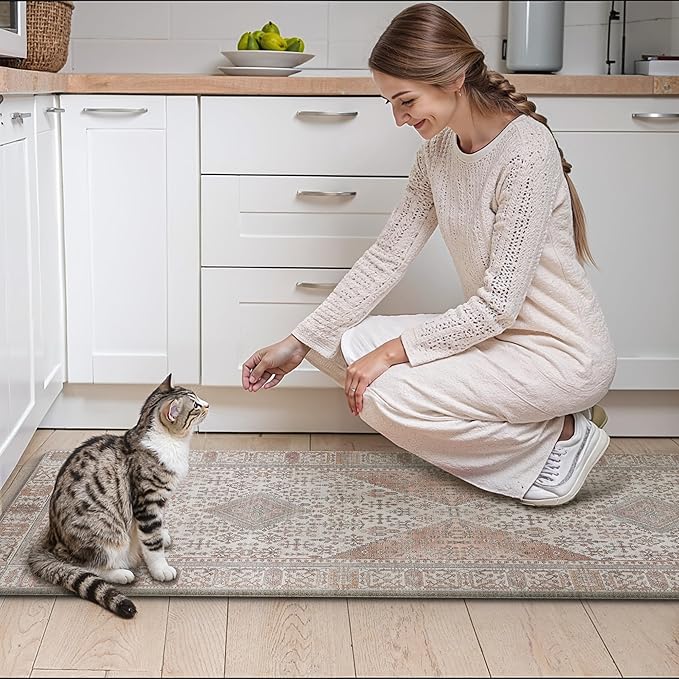 GENIMO Kitchen Mats for Floor 2PCs, Washable Anti Fatigue Mat for Cushioned, 17.3"x59"+17.3"x30", Waterproof Kitchen Rugs, Non Slip Comfort Standing Mat Rug for Home, Sink, Laundry, Oleander