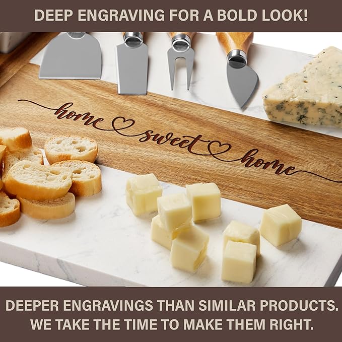 EMM Marble Cutting Board Set, Charcuterie Cheese Boards, 3 Bowls, 3 Spoons, 4 Charcuterie Utensils, Meat, Fruits, Vegetables, Housewarming, Wedding - Home Sweet Home