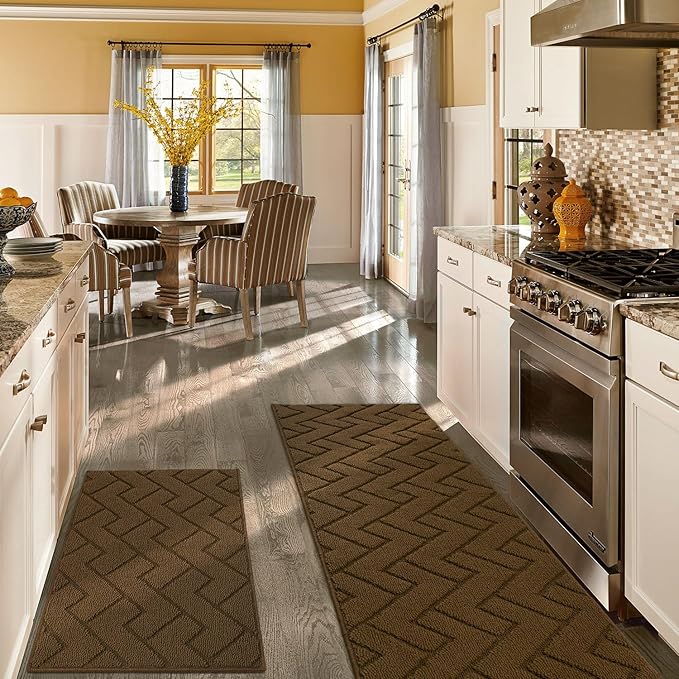 hicorfe Kitchen Rugs and Mats Sets,2 Pieces Super Absorbent Polypropylene Non-Slip Rug,Soft Comfort Floor Mat,Washable for Kitchen,Hallway,Office,Sink,Laundry(20" x 31.5" Plus 20" x 48",Dark Brown)