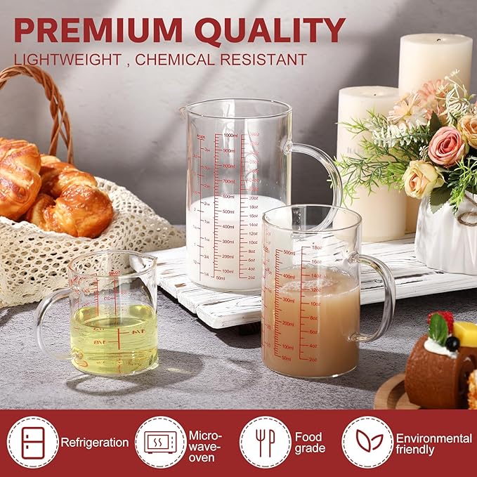Lallisa 3 Pack High Borosilicate Glass Measuring Cups Set with Handle V Shaped Spout, 4, 2, 1 Cup 3 Scales (Oz, Cup, Ml) for Kitchen Restaurant Baking Cooking, Easy to Read, Clear(Red Scale)