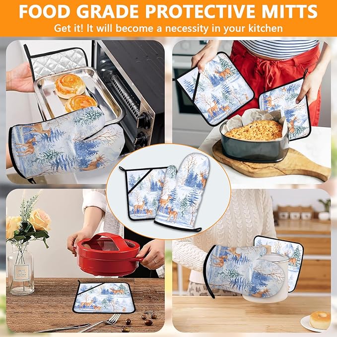 Deer Mitts and Pot Holders Sets 4Pcs,Extra Long Oven Gloves Potholder for Kitchen Cooking Baking BBQ 100% Cotton Heat Resistant