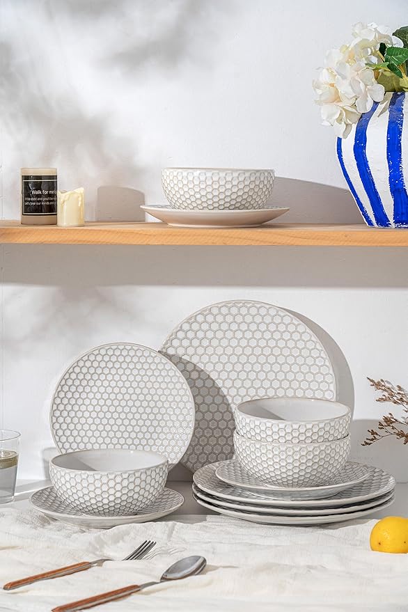 Dinnerware Sets for 4, Ceramic Microwave Safe Plates and Bowls Sets, 12 Piece Matte Chip Resistance Dish Set, Home Essentials Embossment Stoneware Dinnerware Set, Wedding Gift