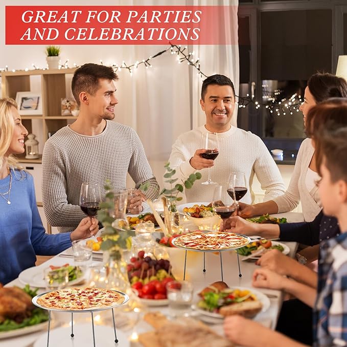 12 Pcs Pizza Stand Set: 4 Metal Stands, 4 Pizza Pans, 4 Spatulas for Weddings, Party(Silver,Round with Legs)