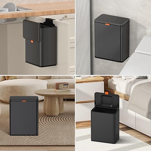 Mbillion Kitchen Compost Bin Hanging Trash Can with Lid 2.1 Gallon Stainless Steel Garbage Can for Kitchen Cabinet Door Mounted Trash Can Under Sink Door RV Bathroom,Brushed Black
