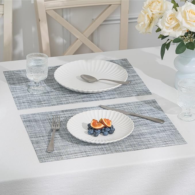 BACKTOEDEN Placemats Set of 8 Heat Resistant Washable Wipeable Placemat Woven Non-Slip Foldable Vinyl/Plastic Place Mats Indoor/Outdoor Mat Kitchen Dining Table Pad, Gray