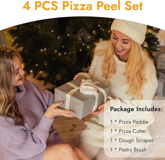 Pizza Peel, 12" x 14" Pizza Spatula for Oven, Aluminum Pizza Paddle with Cutter Scraper Pastry Brush, Pizza Peels Oven Accessories for Baking Homemade Pizza Dough Bread