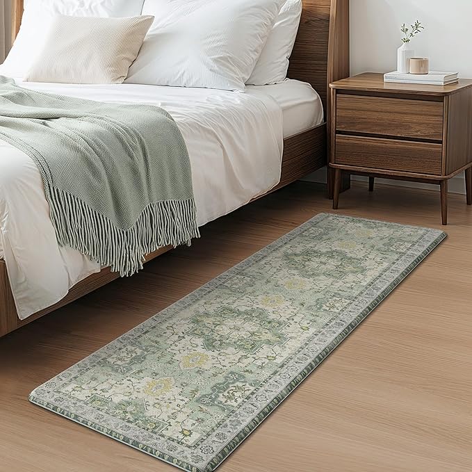 GENIMO Kitchen Mats for Floor 2PCs, Washable Anti Fatigue Mat for Cushioned, 17.3"x59"+17.3"x30", Waterproof Kitchen Rugs, Non Slip Comfort Standing Mat Rug for Home, Sink, Laundry, Light Green