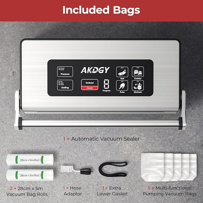 95Kpa Liquid Vacuum Sealer Machine, Full Automatic Food Sealer for Dry/Liquid/Moist Foods | Strong Suction | Digital Timer | One-Touch Operation | Built-in Cutter & Bag Storage | Removable Drip Tray